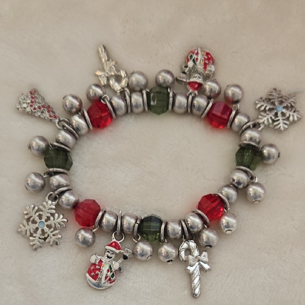Festive Silver Charm Bracelet with Red and Green Accents